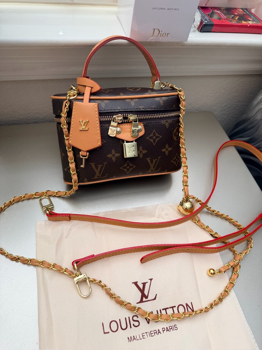 Brown Monogram Mini Vanity Bag with Tan and Red Trim